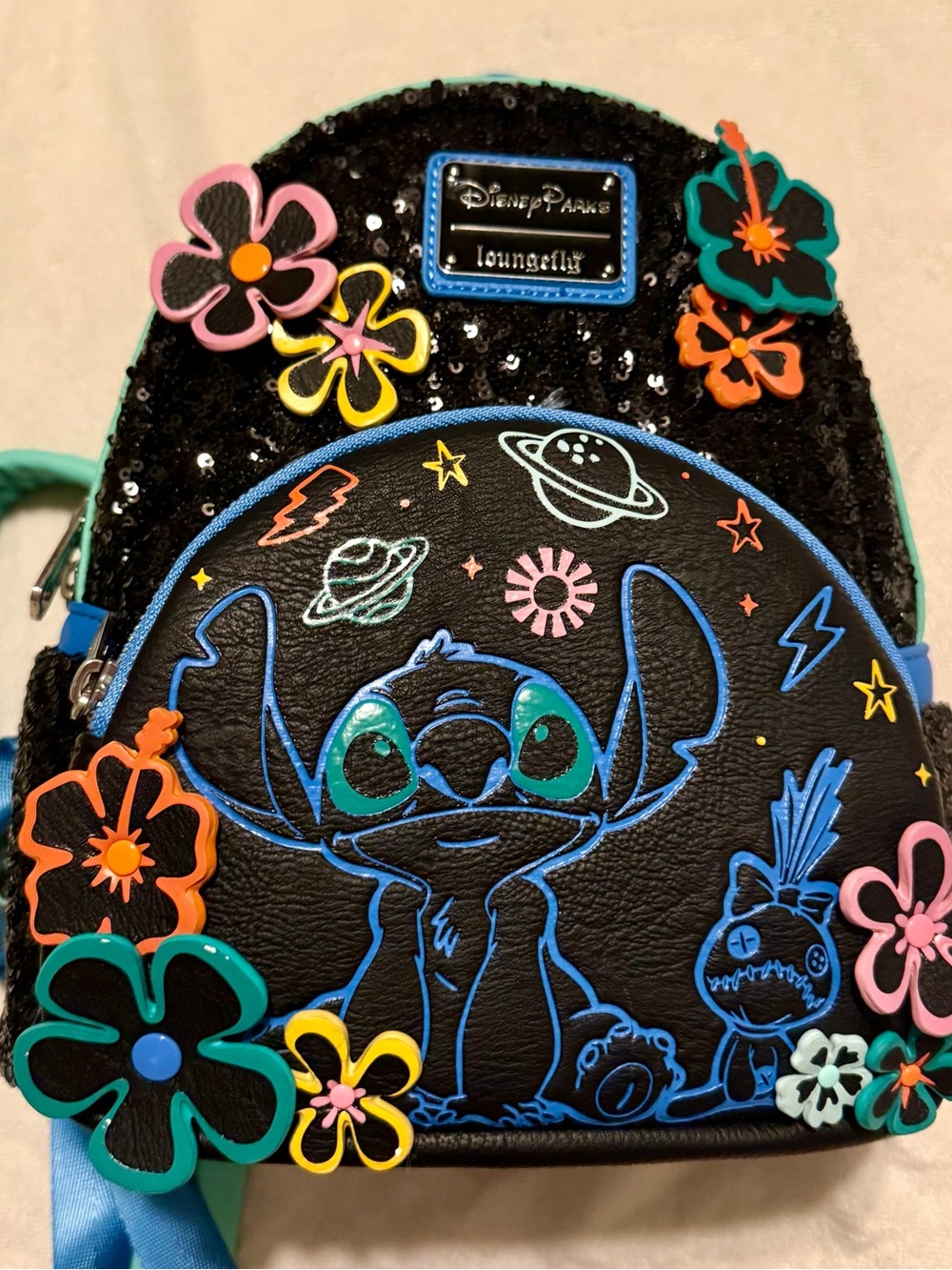 Loungefly Black Sequin Stitch Floral Mini Backpack with Teal Accents